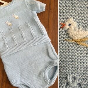 Vtg Renzo Knitted Baby Sweater Two Piece Blue Ducks ~ 3-6 months Italy Short Slv